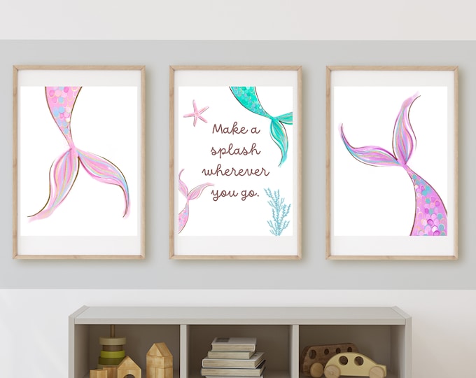 Mermaid girl’s bedroom wall art or playroom wall decor, sparkles, mermaid tails, name art, under the sea, printable, digital