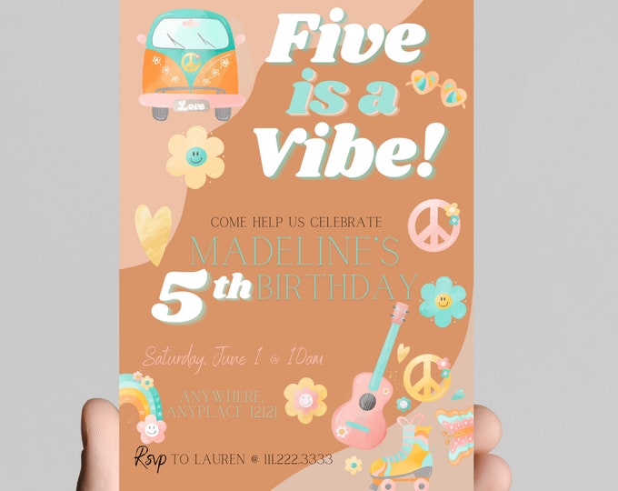 FIVE is a VIBE retro groovy 5th birthday invitation 60’s 70’s themed girl birthday party, digital edit and print