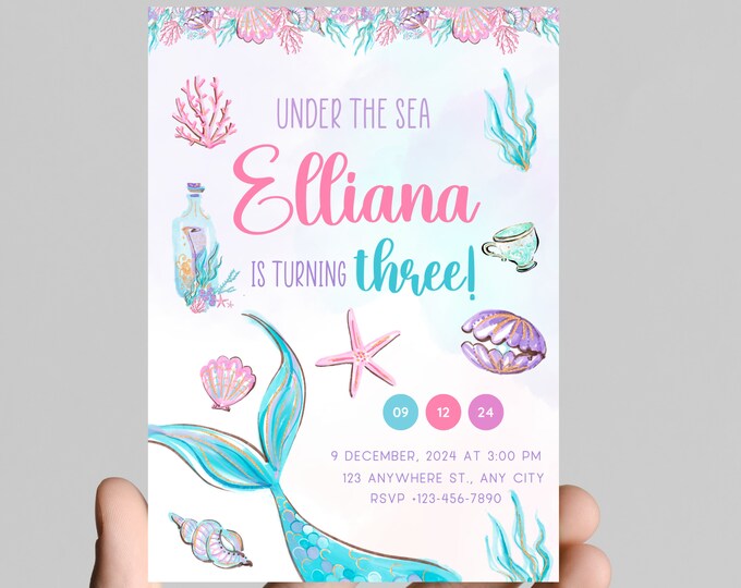 Mermaid and seashells theme girl birthday party invitation, sea shells, little mermaid tails, treasure, starfish, watercolor,age is editable