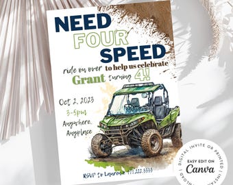 Need four speed ATV side by side theme boy’s 4th birthday party invitation, rev your engine shift into gear, dirt, mud, printable, digital