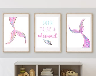 Mermaid girl’s bedroom wall art or playroom wall decor, sparkles, mermaid tails, name art, under the sea, printable, digital