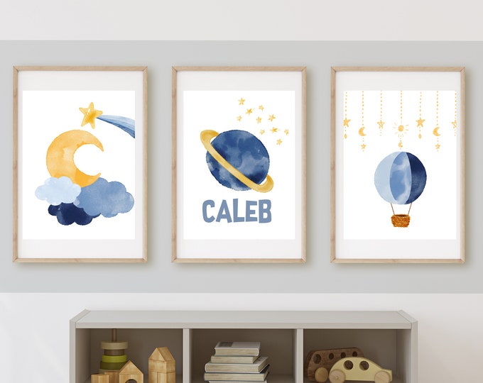 Space theme nursery bedroom wall art, moon and stars, hot air balloon, planet, 11x14, set of 3 prints,customizable, frame not included