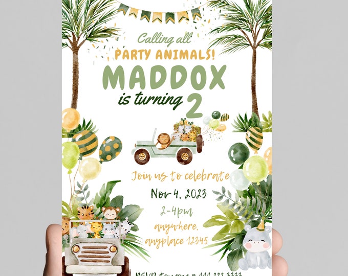 Calling all party animals safari theme 2nd birthday invitation, safari animals, zoo animals, party animals, customize, digital, printable