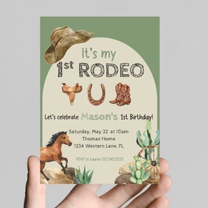 It's my first rodeo first birthday invitation, western, county, cactus, rustic, rodeo, cows, farm, horses, cowboy boots, first birthday boy