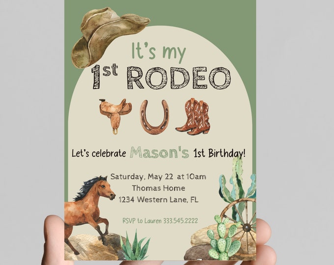 It's my first rodeo first birthday invitation, western, county, cactus, rustic, rodeo, cows, farm, horses, cowboy boots, first birthday boy