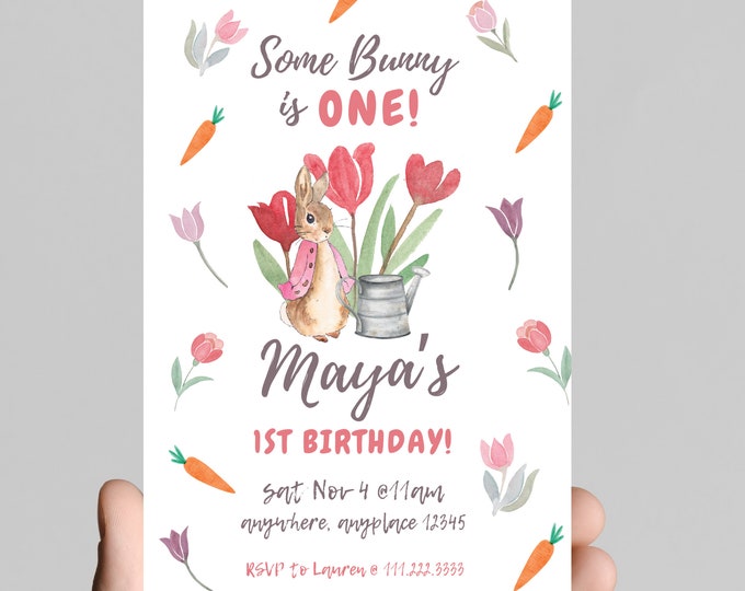 Some bunny is one! Baby girl first birthday invitation, vintage Peter rabbit, Floppsie bunny, chic, editable, printable