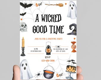 Halloween party invitation, spooky, costumes, pumpkins, spiders, editable, printable, digital