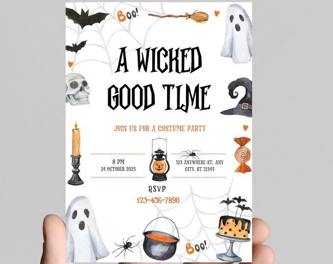 Halloween party invitation, spooky, costumes, pumpkins, spiders, editable, printable, digital