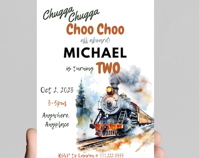 All Aboard! Train-Themed Birthday Party Invitation - Chugga Choo Railroad Printable or digital birthday invitation for boys