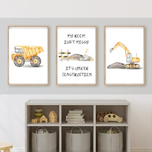 Construction truck room decor, wall art, dump truck, excavator, under construction, 11x14, set of 3 prints included, frame not included
