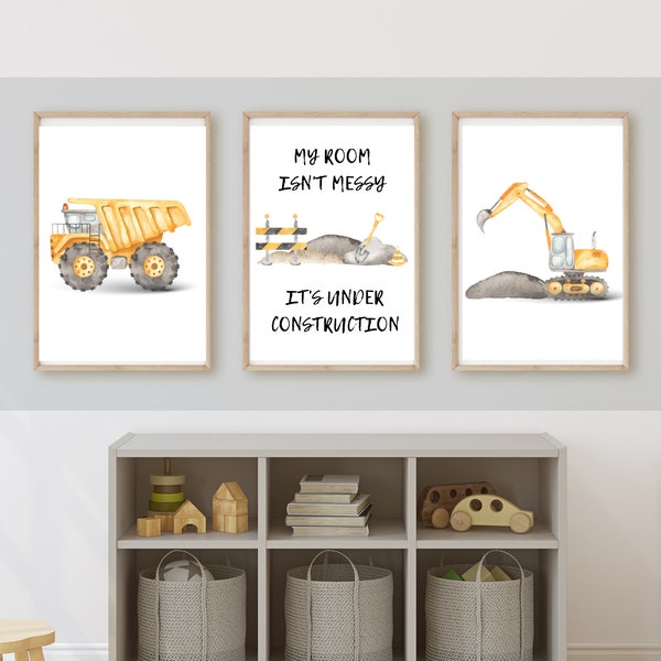 Construction truck room decor, wall art, dump truck, excavator, under construction, 11x14, set of 3 prints included, frame not included