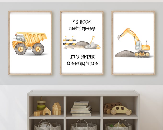 Construction truck room decor, wall art, dump truck, excavator, under construction, 11x14, set of 3 prints included, frame not included
