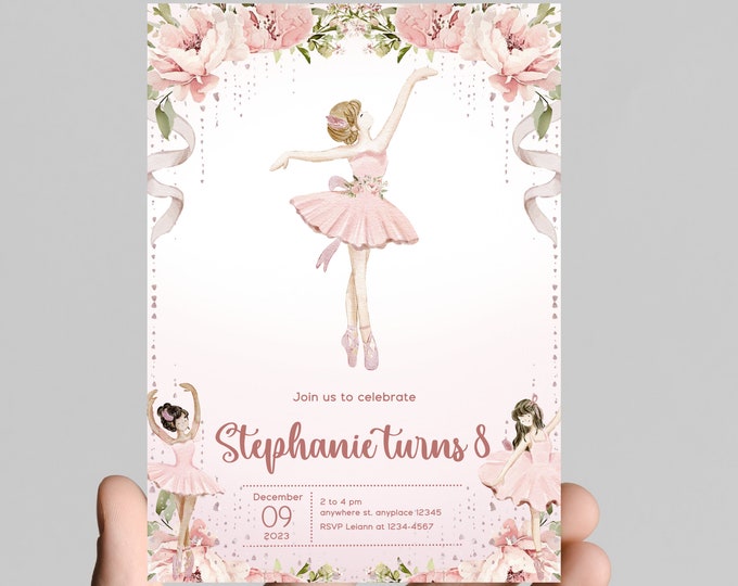 Ballet theme birthday invitation, dance and twirl with the birthday girl, ballet theme light pink tutu, birthday little girl