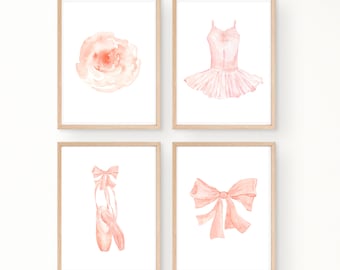 ballet nursery wall art decor, light pink ballet shoes and tutu, ballet dress, pale pink bow,  11x14, set of 4 prints included, no frames