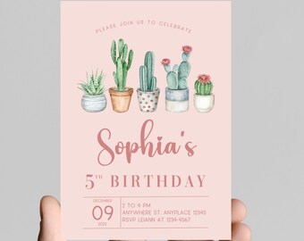 first fiesta birthday party invitation, fiesta, cactus, cactus flower, first birthday party invitation, muticolor