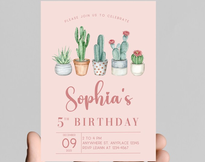 first fiesta birthday party invitation, fiesta, cactus, cactus flower, first birthday party invitation, muticolor
