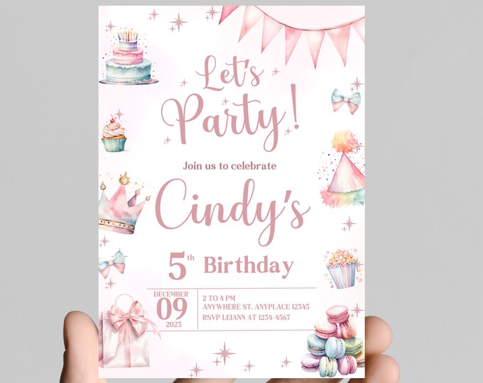 Pastel rainbow birthday invitation, watercolor, little girl birthday party, age customizable