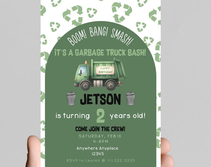 Boom, bang, crash, Garbage truck theme birthday Invitation, rubbage truck, recycle truck, celebrate the birthday boy! Editable, printable