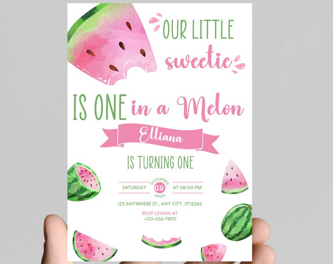 ONE in a melon watermelon First birthday invitation themed girl birthday party, watermelon, sweet one, first birthday