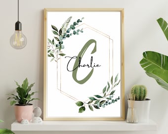 Boho Nursery Name Art, Gold Frame, Floral Greenery (Printable, Editable)