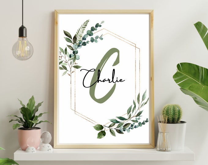 boho nursery wall art, boho floral and greenery, gold frame, name art, simple, minimalist, printable, editable, instant download template
