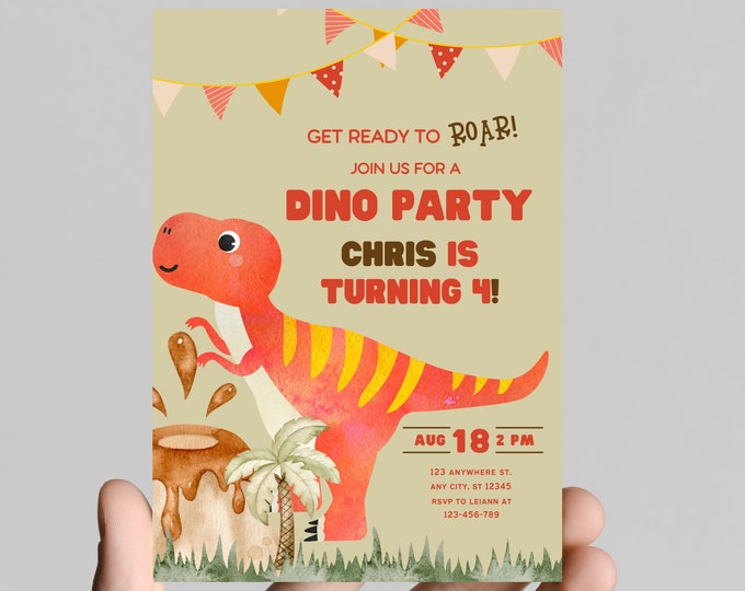 Stop Chomp Roar! Party like a dinosaur birthday party invitation, colorful baby dinos, 5x7in, customizable digital download