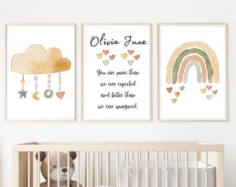 Custom Name Boho Nursery Prints, Rainbow Cloud Decor (Set of 3 Digital Art)