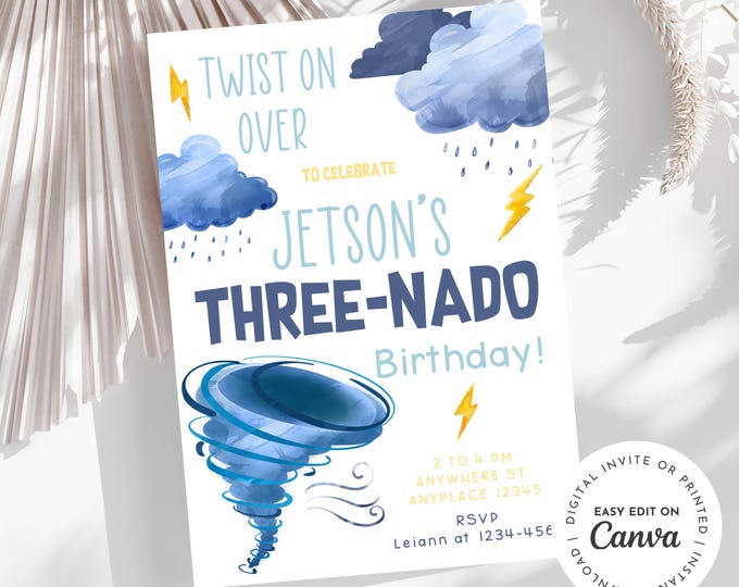 Tornado birthday Twist on over! Storm warning! Three-nado! Tornado themed 3rd birthday party invitation, boy birthday, printable, digital