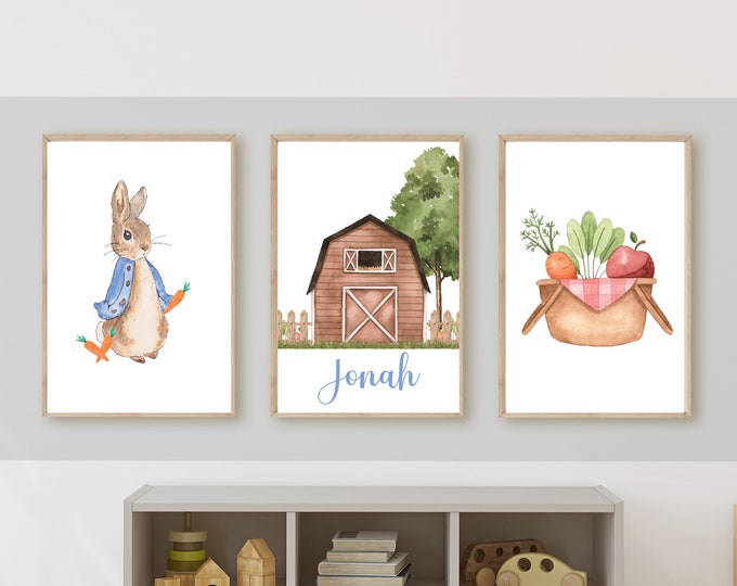 Peter rabbit inspired nursery wall decor, garden, rabbit, barn, room decor, wall art, 11x14, set of 3 digital downloads, printable