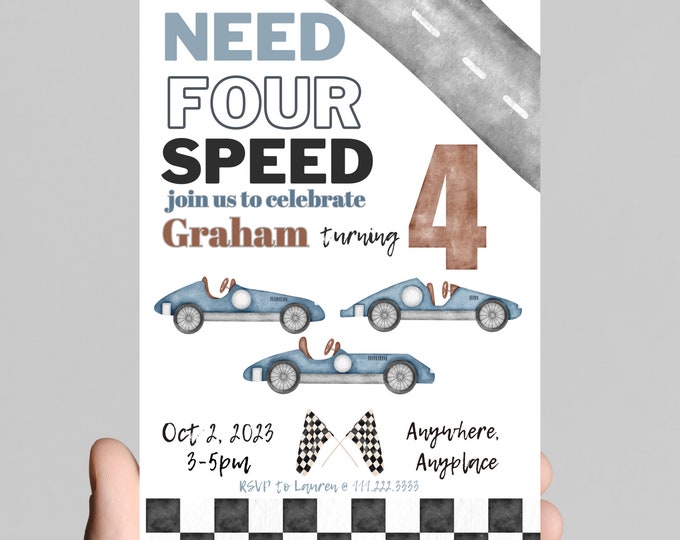 Need four speed, need for speed, Race on over, race car theme birthday invitation, 4th birthday, racing,nascar, editable, printable, digital
