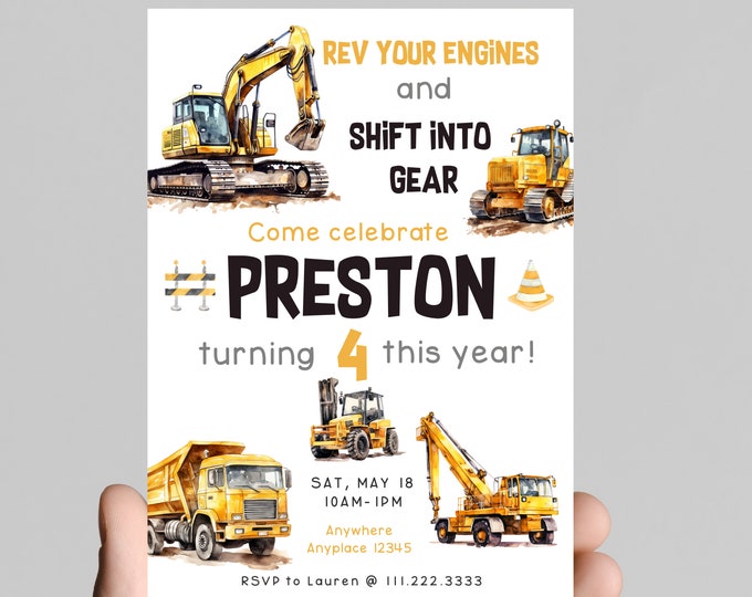 construction theme Birthday Invitation, join our crew to celebrate the birthday boy, edit to any age,  dump truck, excavator, bulldozer