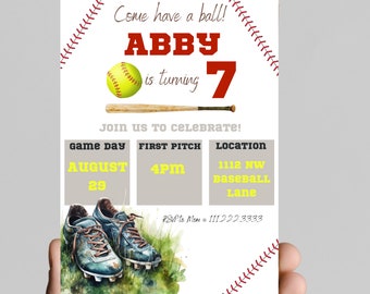 It’s game time, child is turning 5, softball birthday girl invitation, home run,party, age is customizable,easy to edit, printable, digital.