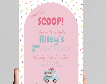 Here’s the scoop! ice cream cone and sweets themed birthday party invitation for little girl, sprinkles, two sweet, editable to any age