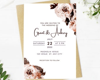 Light Pink Floral Wedding Invitation, Simple Minimalist Template (Instant Download)