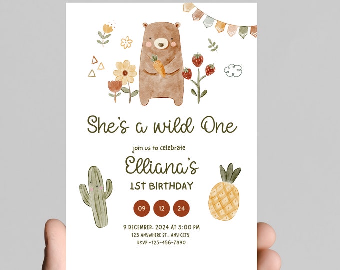 Wild one boho girl first birthday invitation, boho, chic, trendy, golden sun, editable, printable