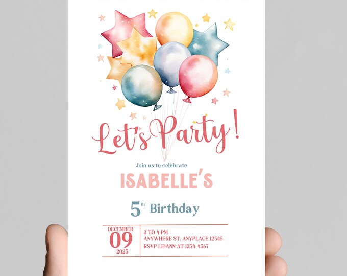 Rainbow birthday invitation, watercolor, little girl birthday party, age customizable