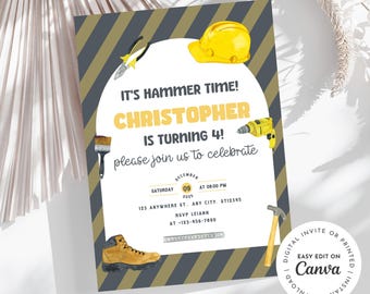 May include: A construction-themed birthday invitation for a boy named Christopher turning four. The invitation features a yellow hard hat, a hammer, a paintbrush, a drill, and a pair of work boots. The invitation is decorated with yellow and gray stripes. The text on the invitation reads "It's Hammer Time! Christopher is turning 4! Please join us to celebrate. Saturday, December 09 at 08:00 PM. 123 Anywhere St. Any City, ST12345. RSVP Leiann at 123-456-7890."