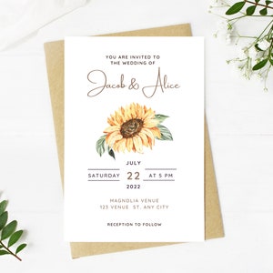 Beautiful Wedding invitation, sunflower floral, Wedding, simple, minimalist, sunflower, printable, editable, instant download template