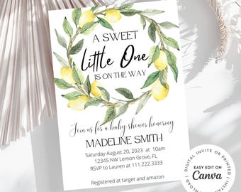 Lemon Baby Shower Invitation, A Sweet Little One Is On The Way, Lemons And Greenery, Lemon Wreath, Baby Shower, Mom To Be, Minimalist Invite