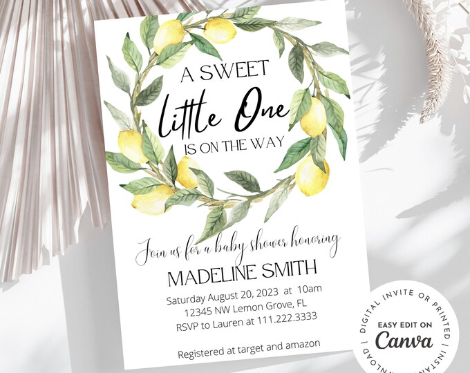 Lemon Baby Shower Invitation, A Sweet Little One Is On The Way, Lemons And Greenery, Lemon Wreath, Baby Shower, Mom To Be, Minimalist Invite