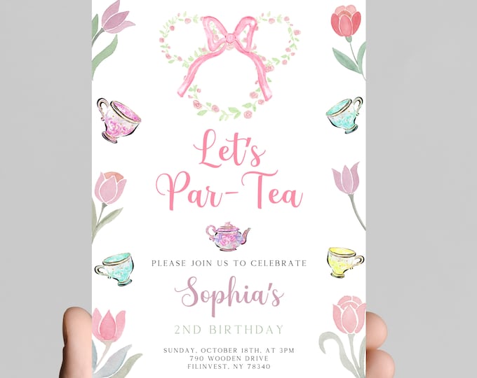 It's time to PAR-TEA birthday invitation, Minnie Mouse birthday tea party, tea time, tea party, little girl birthday party, customizable