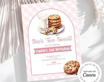 Two sweet! Milk and cookies theme 2nd birthday invitation, bakery sweets themed invitation for little one, chocolate chip cookies, printable