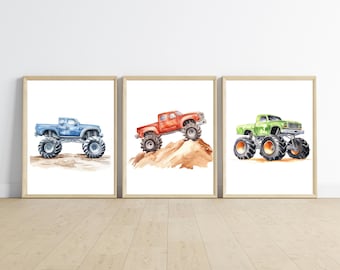 Monster Truck Prints, Set of 3, Nursery Kids Room Decor