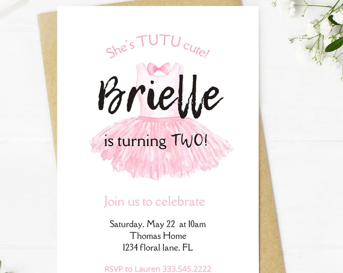 ballet light pink tutu themed birthday party invitation, tutu cute, two two cute, birthday invitation for little girl