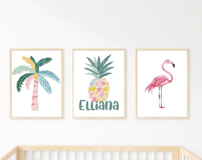 Tropical wall art, girl nursery bedroom wall decor, flamingo, pineapple, gold glitter, tropical, 11x14, set of 3