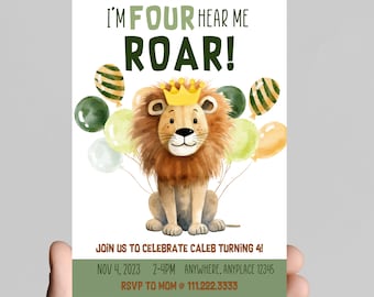 I’m four hear me roar! Lion and safari theme 4th birthday invitation, safari animals, zoo animals, customize, digital, printable