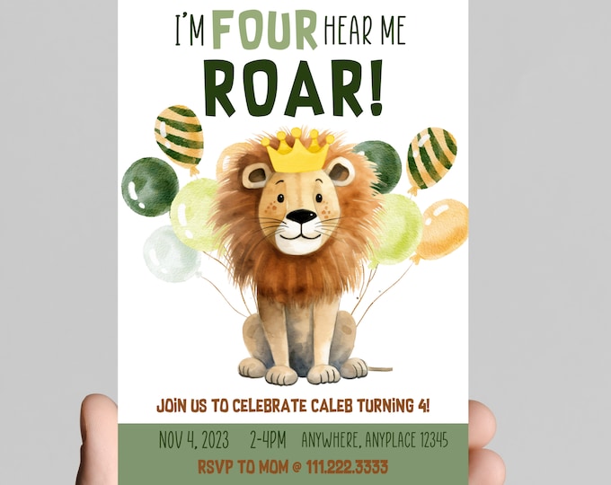 I’m four hear me roar! Lion and safari theme 4th birthday invitation, safari animals, zoo animals, customize, digital, printable