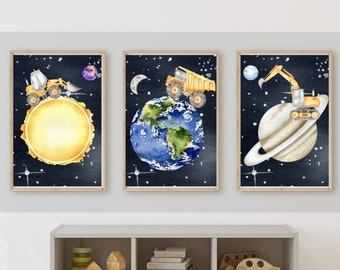 Construction Trucks in Space Art, Set of 3 Prints (Digital Download)