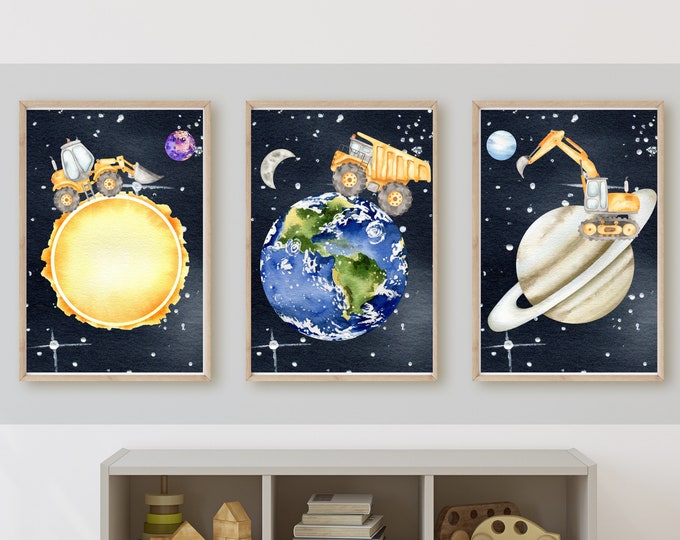 Construction trucks in Space wall art, space, sun, excavator, dump truck, bulldozer, earth, 11x14, set of 3 downloads, frame not included