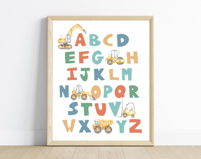 Construction truck alphabet room decor, ABC wall art for homeschool playroom, bedroom decor, dump truck, excavator, bulldozer